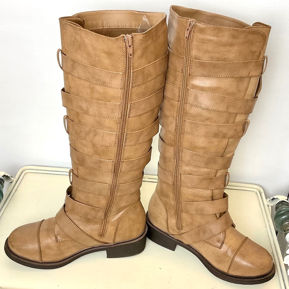 Torrid Buckle Moto Boots Size 8 Wide Tan Wide Calf Knee High Boot - Picture 13 of 14